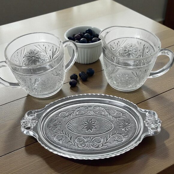 RARE 50's Anchor Hocking Sugar & Creamer/40's Duncan Miller Glass Tray - Picture 1 of 7